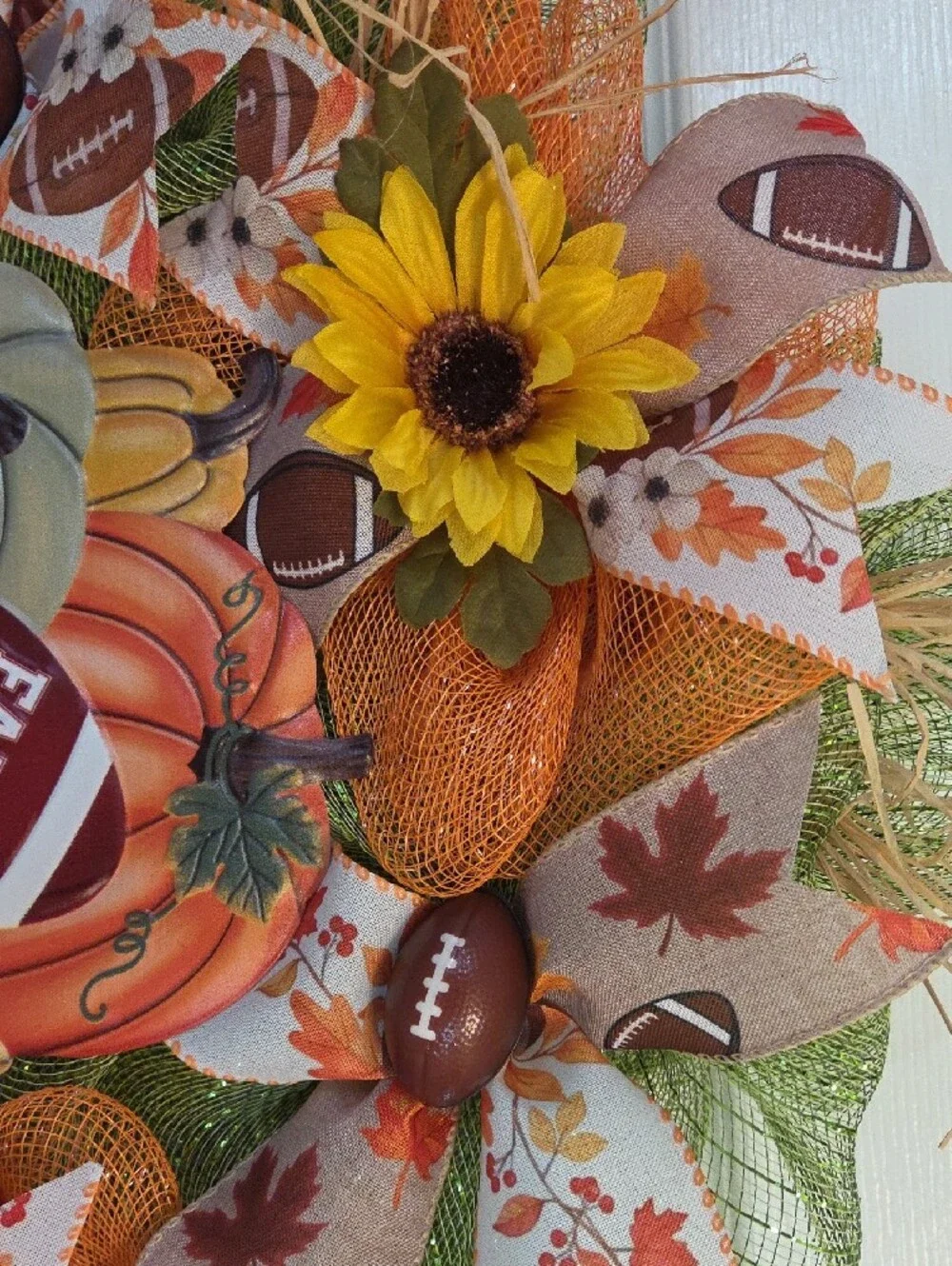 Autumn Football Wreath, Fall Door Decor With Sunflowers , Pumpkins , & Footballs